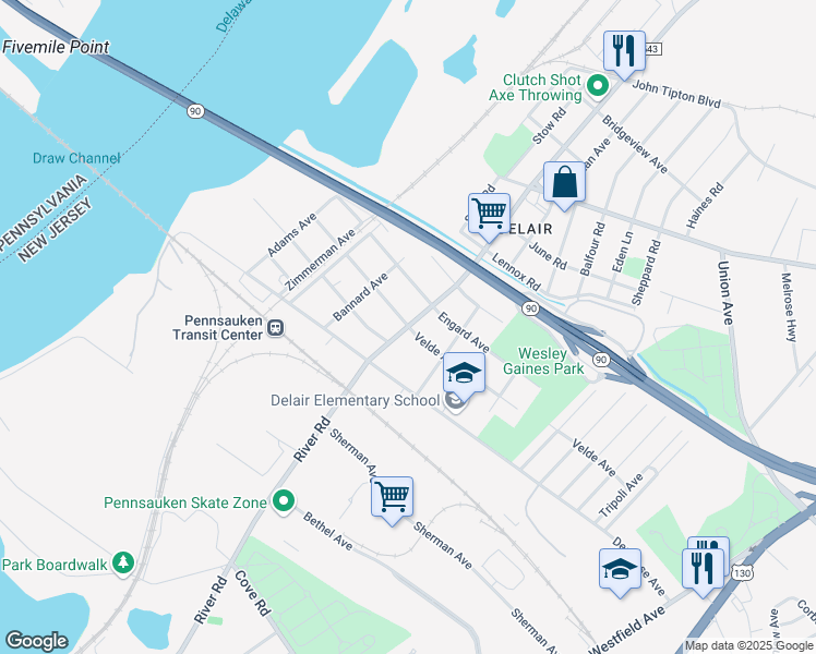 map of restaurants, bars, coffee shops, grocery stores, and more near River Road & Velde Avenue in Pennsauken Township