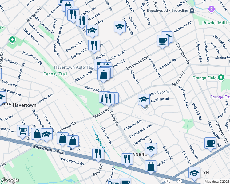 map of restaurants, bars, coffee shops, grocery stores, and more near 1016 Weller Avenue in Havertown