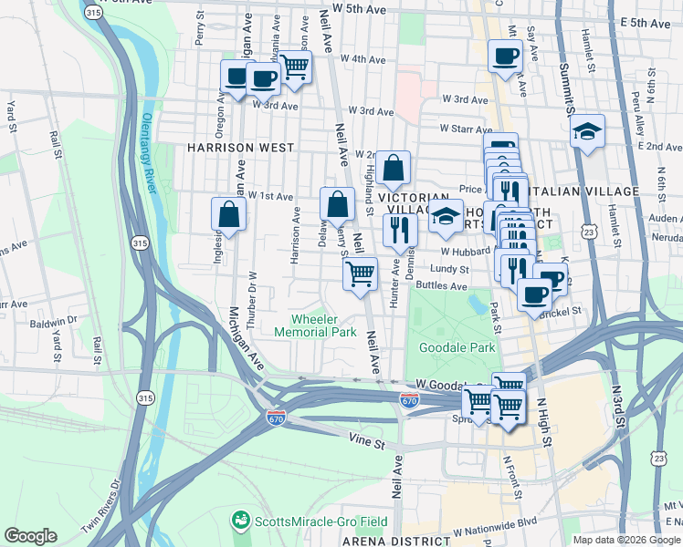 map of restaurants, bars, coffee shops, grocery stores, and more near 318 Buttles Avenue in Columbus