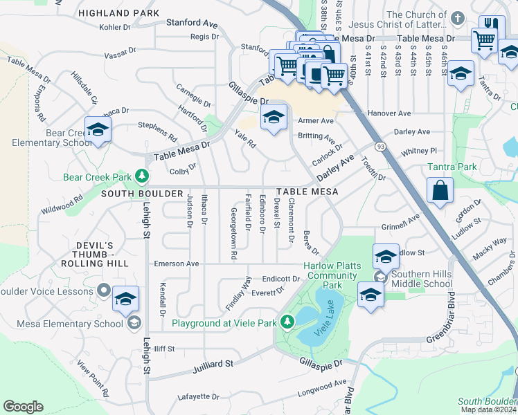 map of restaurants, bars, coffee shops, grocery stores, and more near 1185 Edinboro Drive in Boulder