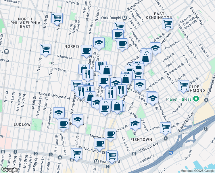 map of restaurants, bars, coffee shops, grocery stores, and more near 1805 North Howard Street in Philadelphia