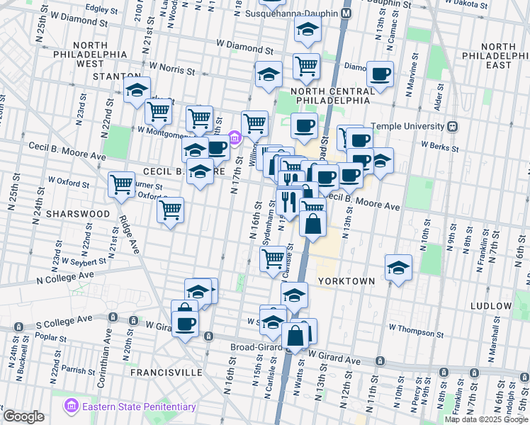 map of restaurants, bars, coffee shops, grocery stores, and more near 1515 West Oxford Street in Philadelphia