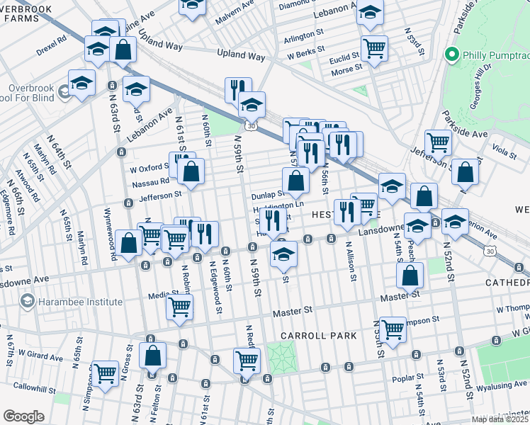 map of restaurants, bars, coffee shops, grocery stores, and more near 5776 Haddington Lane in Philadelphia