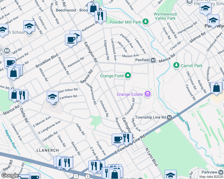 map of restaurants, bars, coffee shops, grocery stores, and more near 320 Walnut Place in Havertown