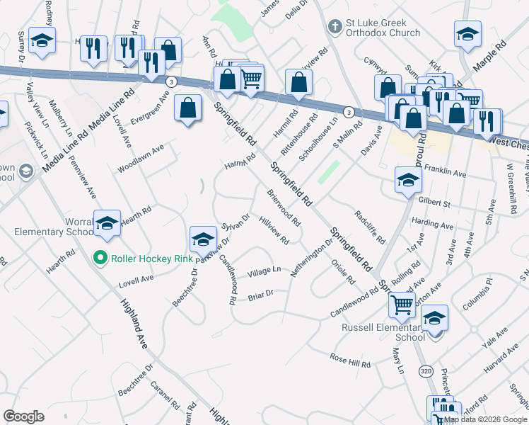 map of restaurants, bars, coffee shops, grocery stores, and more near 2736 Brierwood Road in Broomall