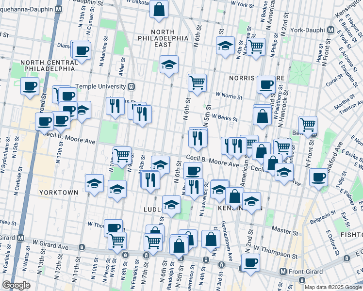 map of restaurants, bars, coffee shops, grocery stores, and more near 1726 North 6th Street in Philadelphia