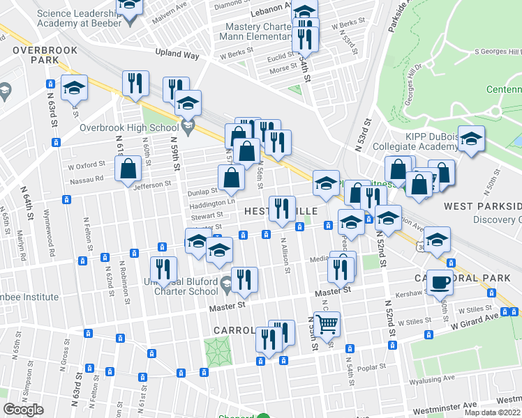 map of restaurants, bars, coffee shops, grocery stores, and more near 5450 Stewart Street in Philadelphia