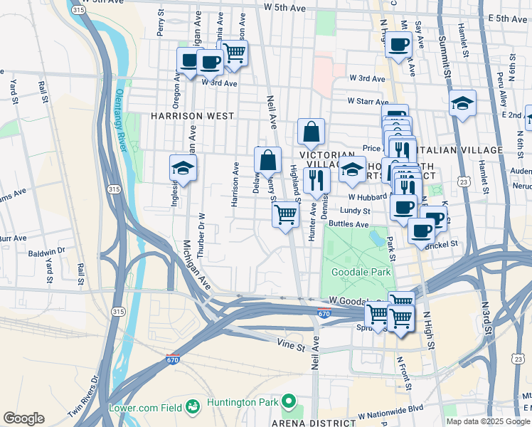 map of restaurants, bars, coffee shops, grocery stores, and more near 339 West Hubbard Avenue in Columbus