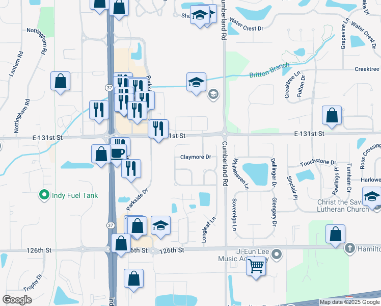 map of restaurants, bars, coffee shops, grocery stores, and more near 9650 Claymore Drive in Fishers