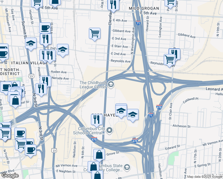 map of restaurants, bars, coffee shops, grocery stores, and more near 674 Cleveland Avenue in Columbus