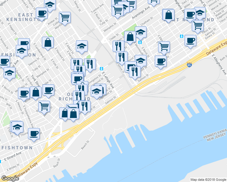 map of restaurants, bars, coffee shops, grocery stores, and more near 2703 East Lehigh Avenue in Philadelphia