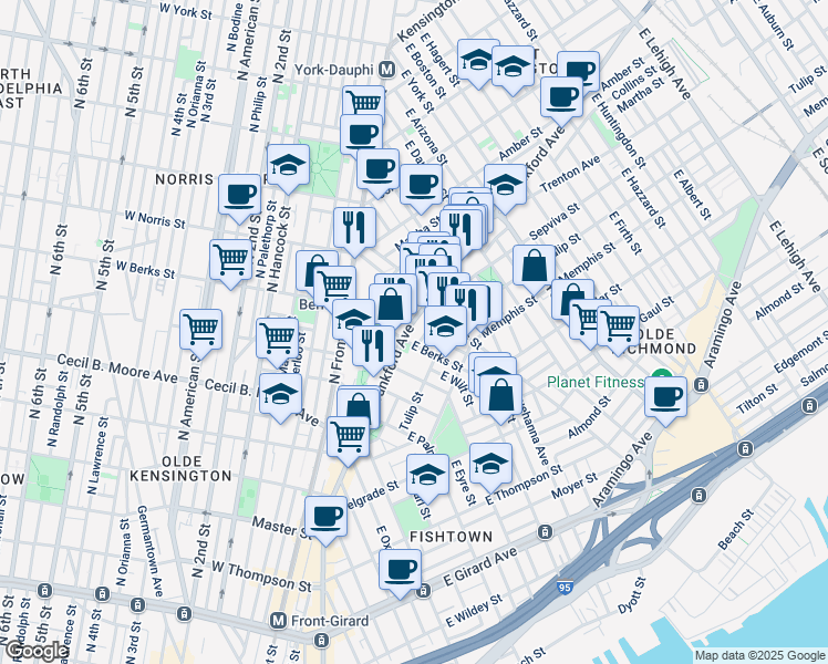 map of restaurants, bars, coffee shops, grocery stores, and more near 1856 Sepviva Street in Philadelphia