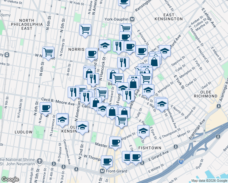 map of restaurants, bars, coffee shops, grocery stores, and more near 1805 North Howard Street in Philadelphia