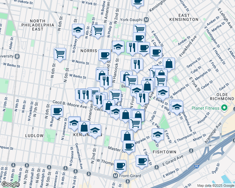 map of restaurants, bars, coffee shops, grocery stores, and more near 1821 North Hancock Street in Philadelphia