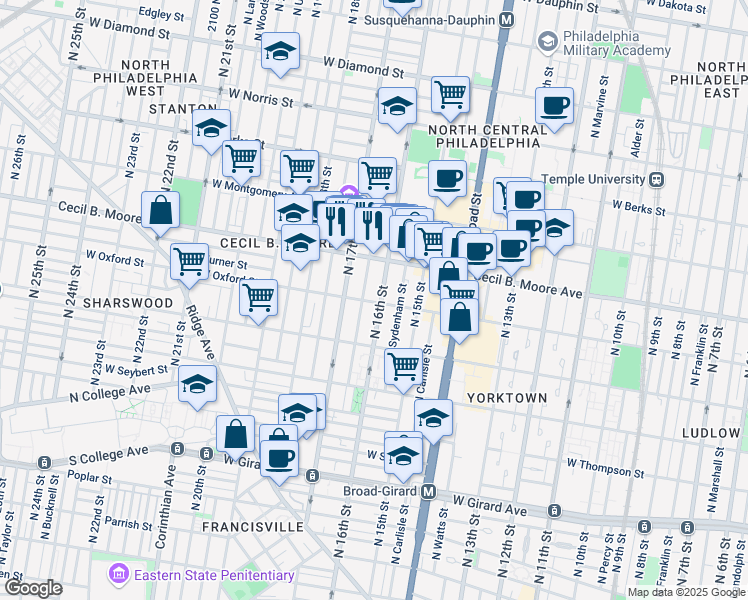map of restaurants, bars, coffee shops, grocery stores, and more near 1609 West Oxford Street in Philadelphia