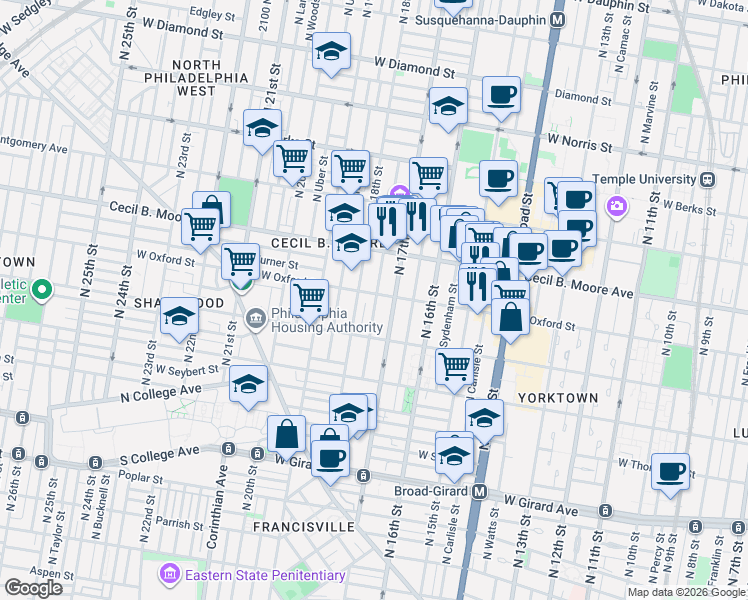 map of restaurants, bars, coffee shops, grocery stores, and more near 1715 West Oxford Street in Philadelphia