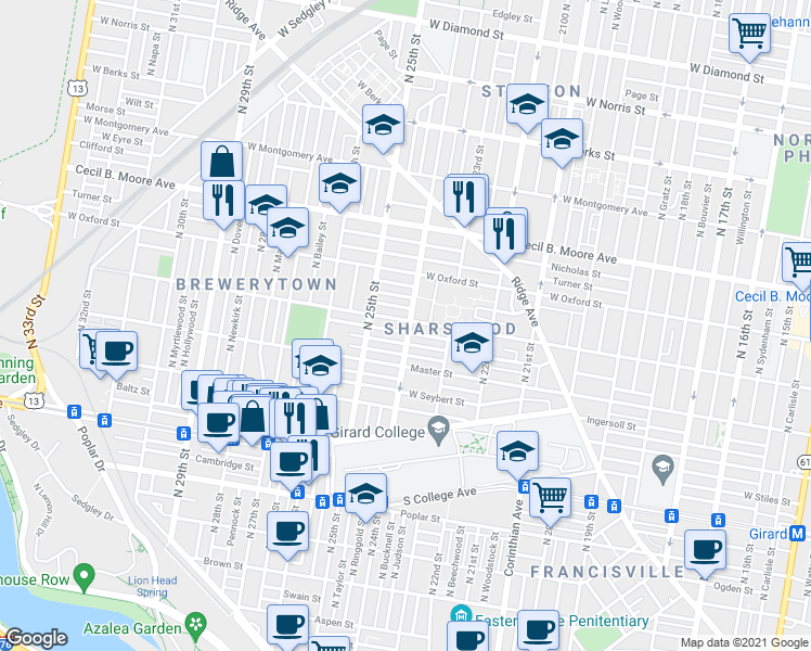 map of restaurants, bars, coffee shops, grocery stores, and more near in Philadelphia