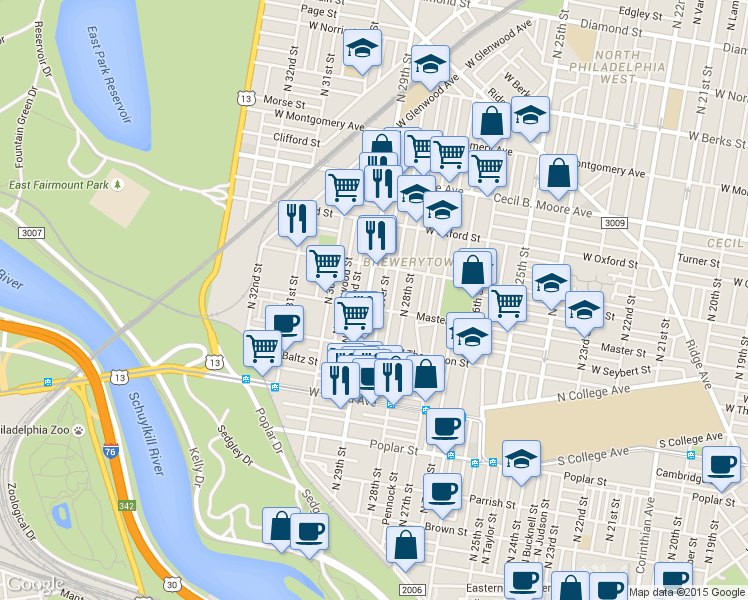 map of restaurants, bars, coffee shops, grocery stores, and more near in Philadelphia