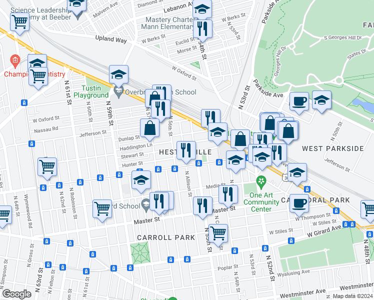 map of restaurants, bars, coffee shops, grocery stores, and more near 1644 North 55th Street in Philadelphia