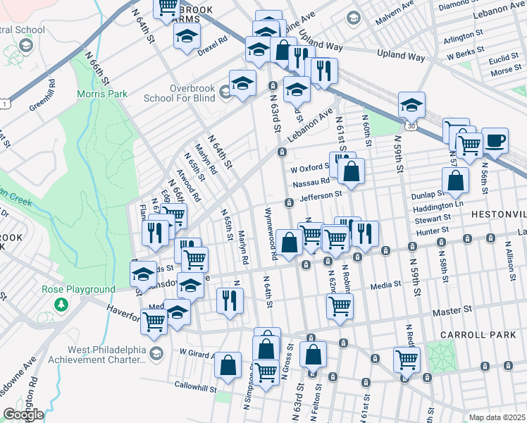 map of restaurants, bars, coffee shops, grocery stores, and more near 878 Wynnewood Road in Philadelphia