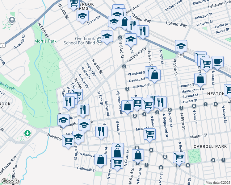 map of restaurants, bars, coffee shops, grocery stores, and more near 878 Wynnewood Road in Philadelphia