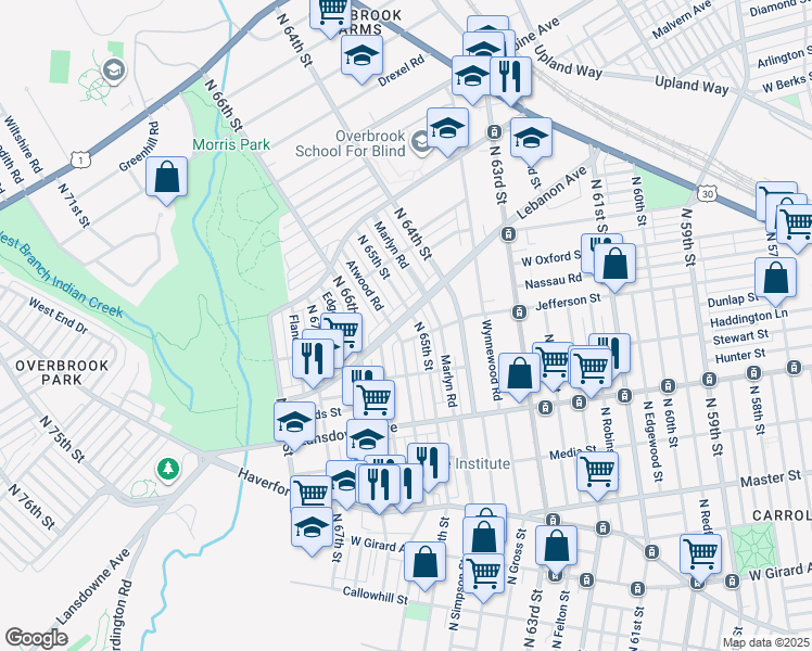 map of restaurants, bars, coffee shops, grocery stores, and more near 6502A Lebanon Avenue in Philadelphia