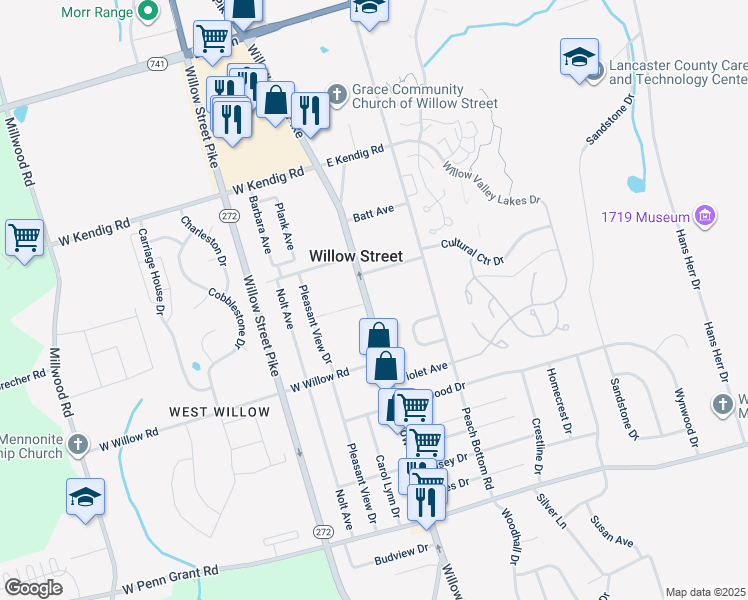 map of restaurants, bars, coffee shops, grocery stores, and more near in Willow Street