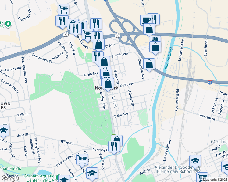 map of restaurants, bars, coffee shops, grocery stores, and more near in North York