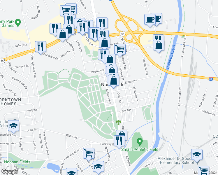 map of restaurants, bars, coffee shops, grocery stores, and more near 1116 Schley Alley in York