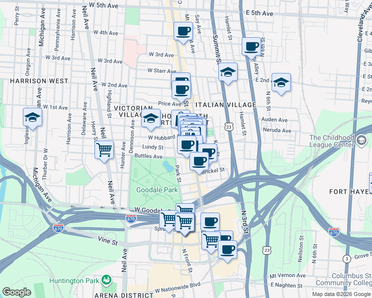 map of restaurants, bars, coffee shops, grocery stores, and more near 765 North High Street in Columbus
