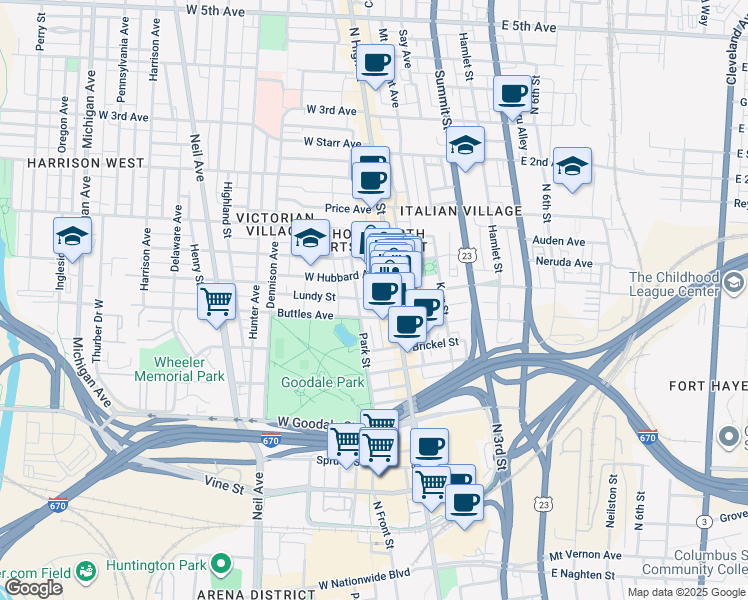 map of restaurants, bars, coffee shops, grocery stores, and more near 765 North High Street in Columbus