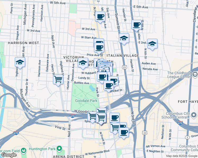 map of restaurants, bars, coffee shops, grocery stores, and more near 765 North High Street in Columbus