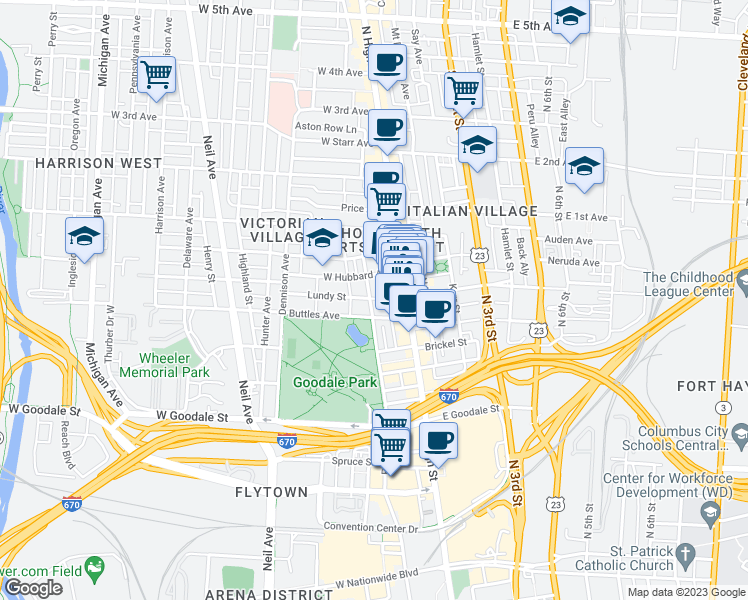 map of restaurants, bars, coffee shops, grocery stores, and more near 775 Park Street in Columbus