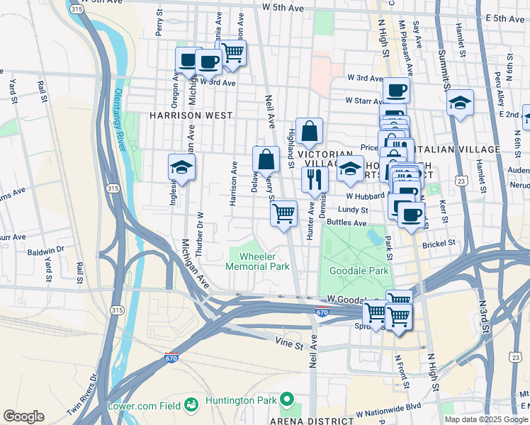 map of restaurants, bars, coffee shops, grocery stores, and more near 339 West Hubbard Avenue in Columbus
