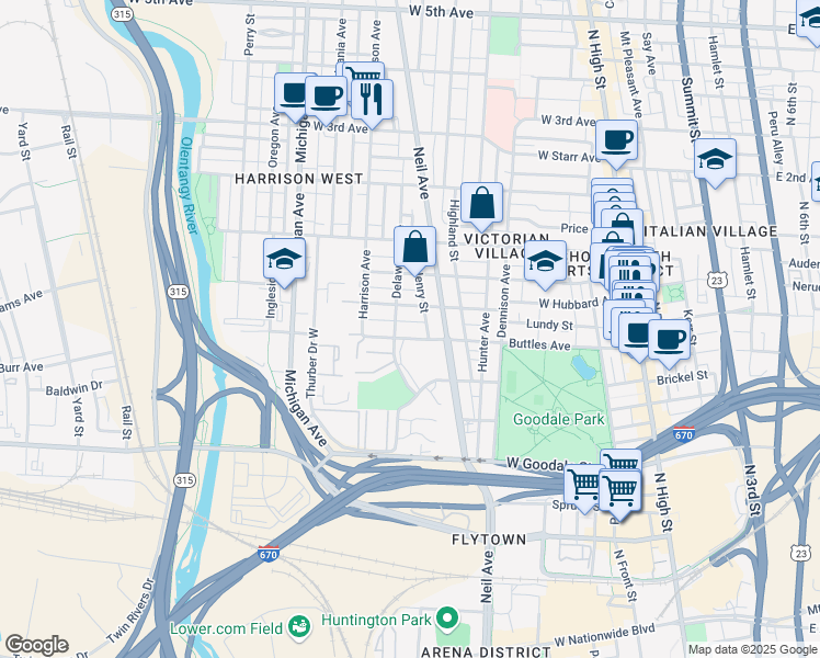 map of restaurants, bars, coffee shops, grocery stores, and more near 339 West Hubbard Avenue in Columbus