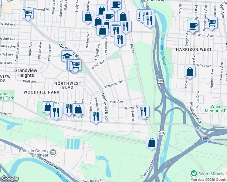 map of restaurants, bars, coffee shops, grocery stores, and more near 862 Bobcat Avenue in Grandview Heights
