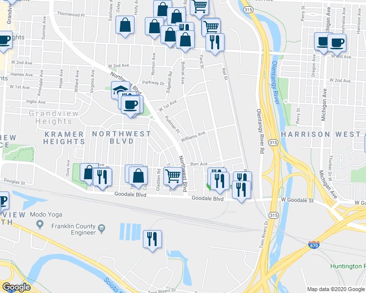 map of restaurants, bars, coffee shops, grocery stores, and more near 912 Northwest Boulevard in Grandview Heights