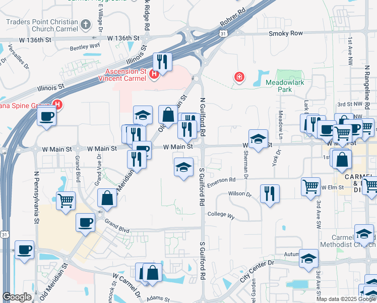 map of restaurants, bars, coffee shops, grocery stores, and more near 833 West Main Street in Carmel