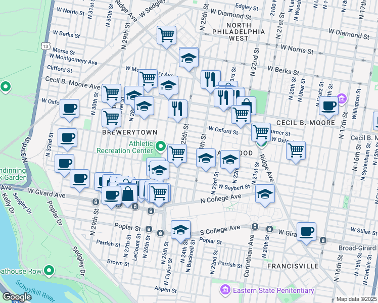 map of restaurants, bars, coffee shops, grocery stores, and more near 2435 Stewart Street in Philadelphia