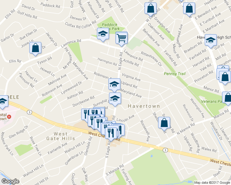 map of restaurants, bars, coffee shops, grocery stores, and more near 306 North Eagle Road in Havertown