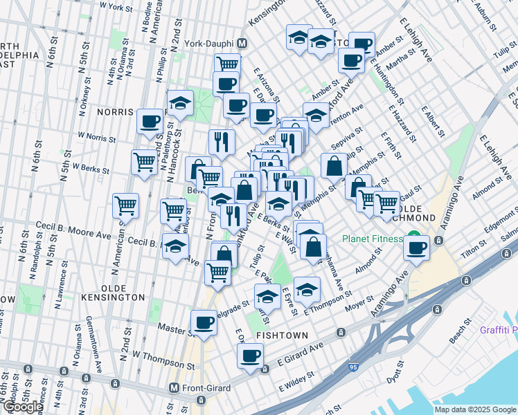 map of restaurants, bars, coffee shops, grocery stores, and more near 1843 Frankford Avenue in Philadelphia