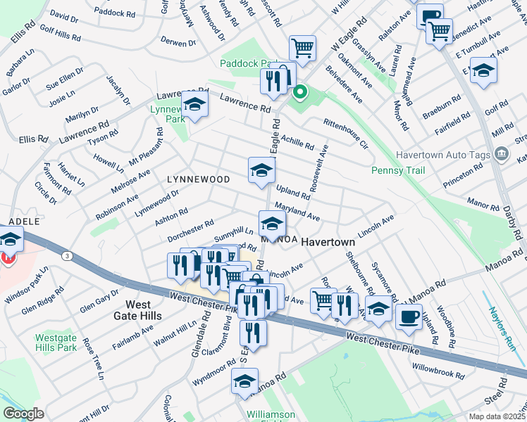 map of restaurants, bars, coffee shops, grocery stores, and more near 306 North Eagle Road in Havertown