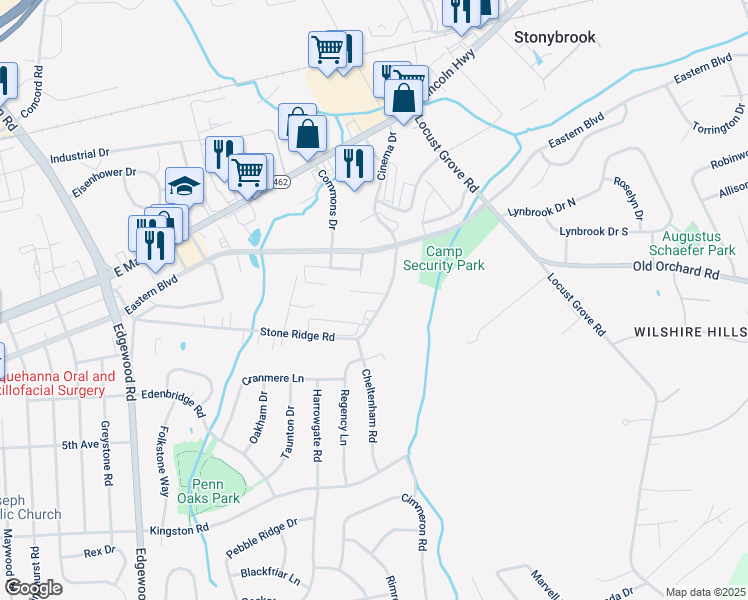 map of restaurants, bars, coffee shops, grocery stores, and more near 3525 Stone Ridge Road in York