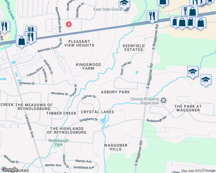 map of restaurants, bars, coffee shops, grocery stores, and more near 7633 Asden Ct in Reynoldsburg