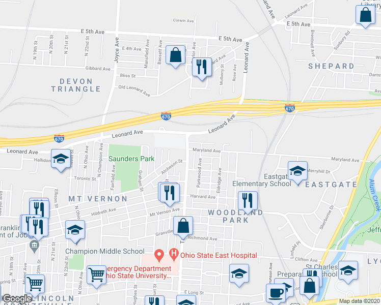map of restaurants, bars, coffee shops, grocery stores, and more near 524 Taylor Avenue in Columbus