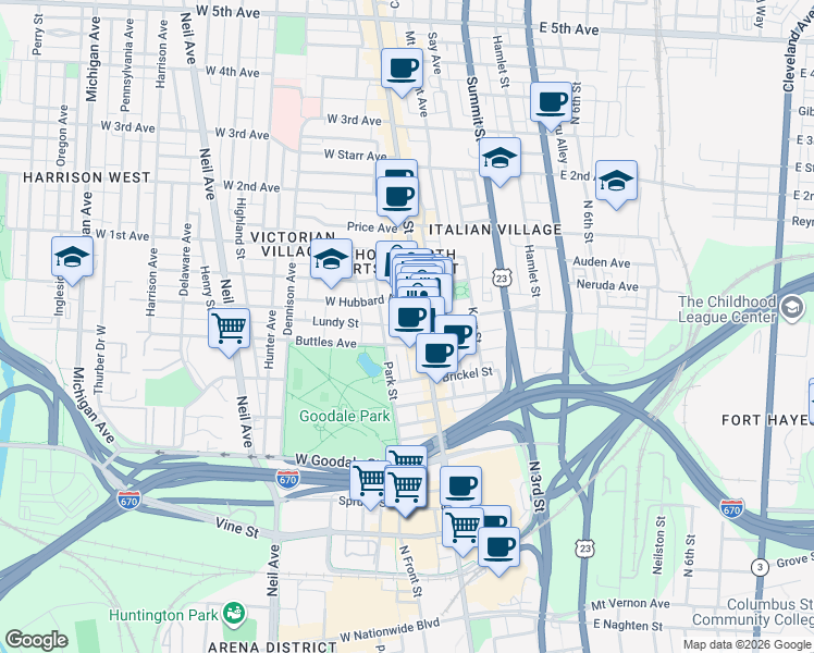 map of restaurants, bars, coffee shops, grocery stores, and more near 765 North High Street in Columbus
