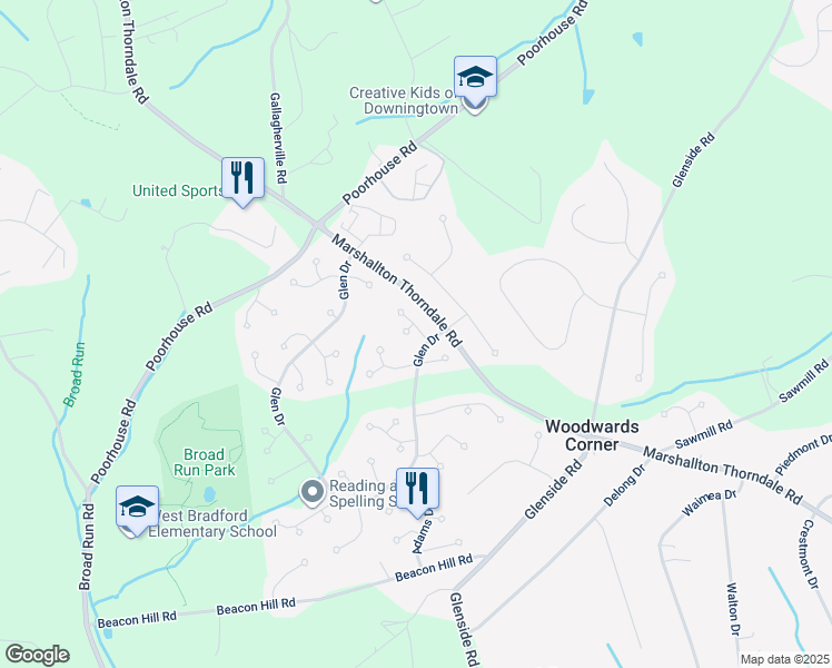 map of restaurants, bars, coffee shops, grocery stores, and more near 1303 Rachel Lane in Downingtown
