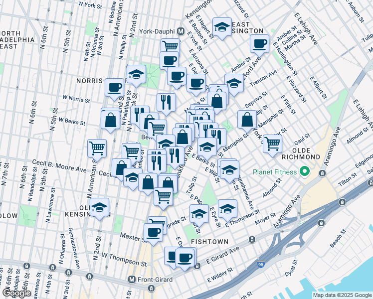 map of restaurants, bars, coffee shops, grocery stores, and more near 1830 Frankford Avenue in Philadelphia