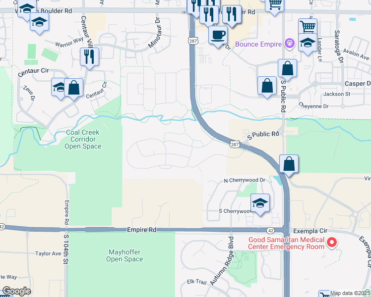 map of restaurants, bars, coffee shops, grocery stores, and more near 670 Stage Station Way in Lafayette