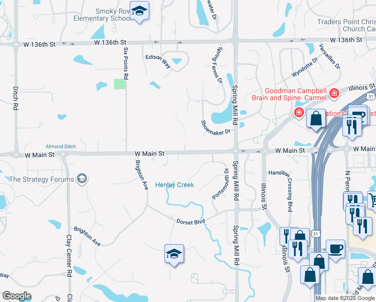 map of restaurants, bars, coffee shops, grocery stores, and more near 606 West Main Street in Carmel